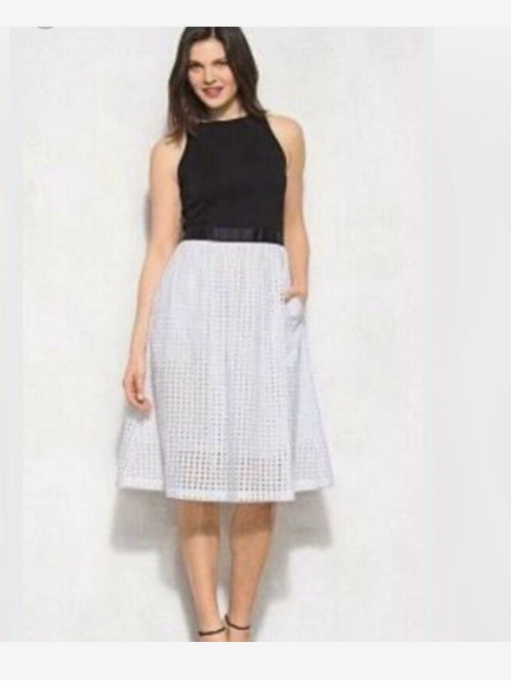 Sleeveless Black Top with White Textured Midi Skirt